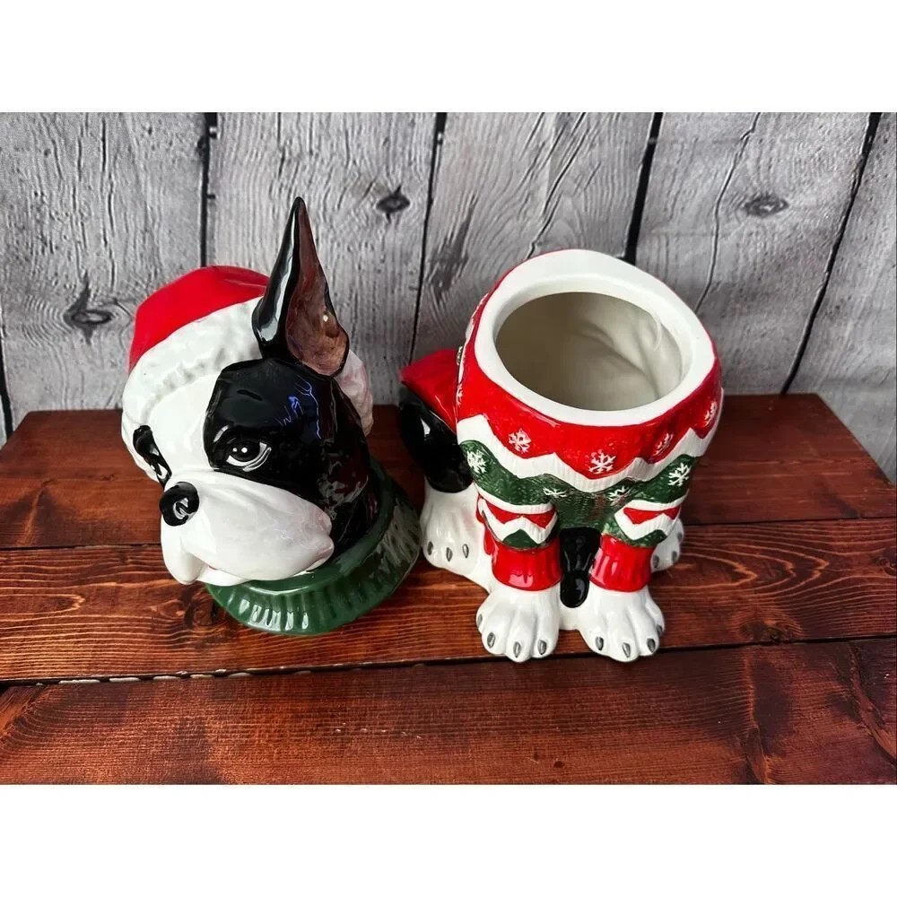 Blue Sky Clay Works Boston Terrier Christmas Cookie Jar Santa Hat Sweater 13.5”